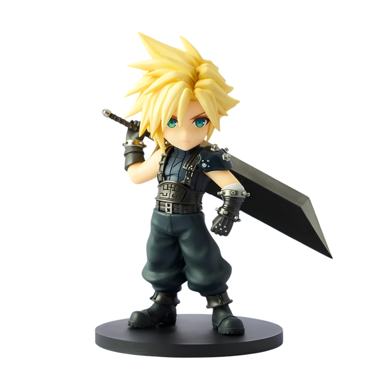 A chibi-style collectible figurine of Cloud Strife from Final Fantasy VII on a round black base, isolated on a white background.