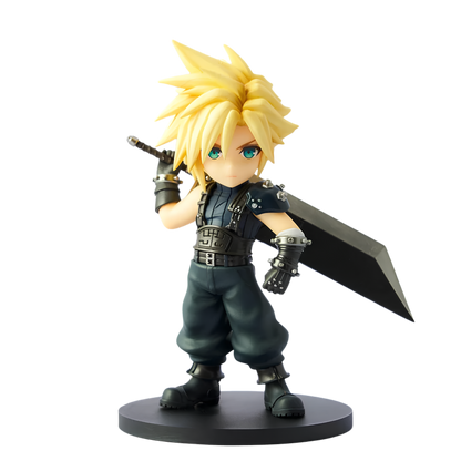 A chibi-style collectible figurine of Cloud Strife from Final Fantasy VII on a round black base, isolated on a white background.