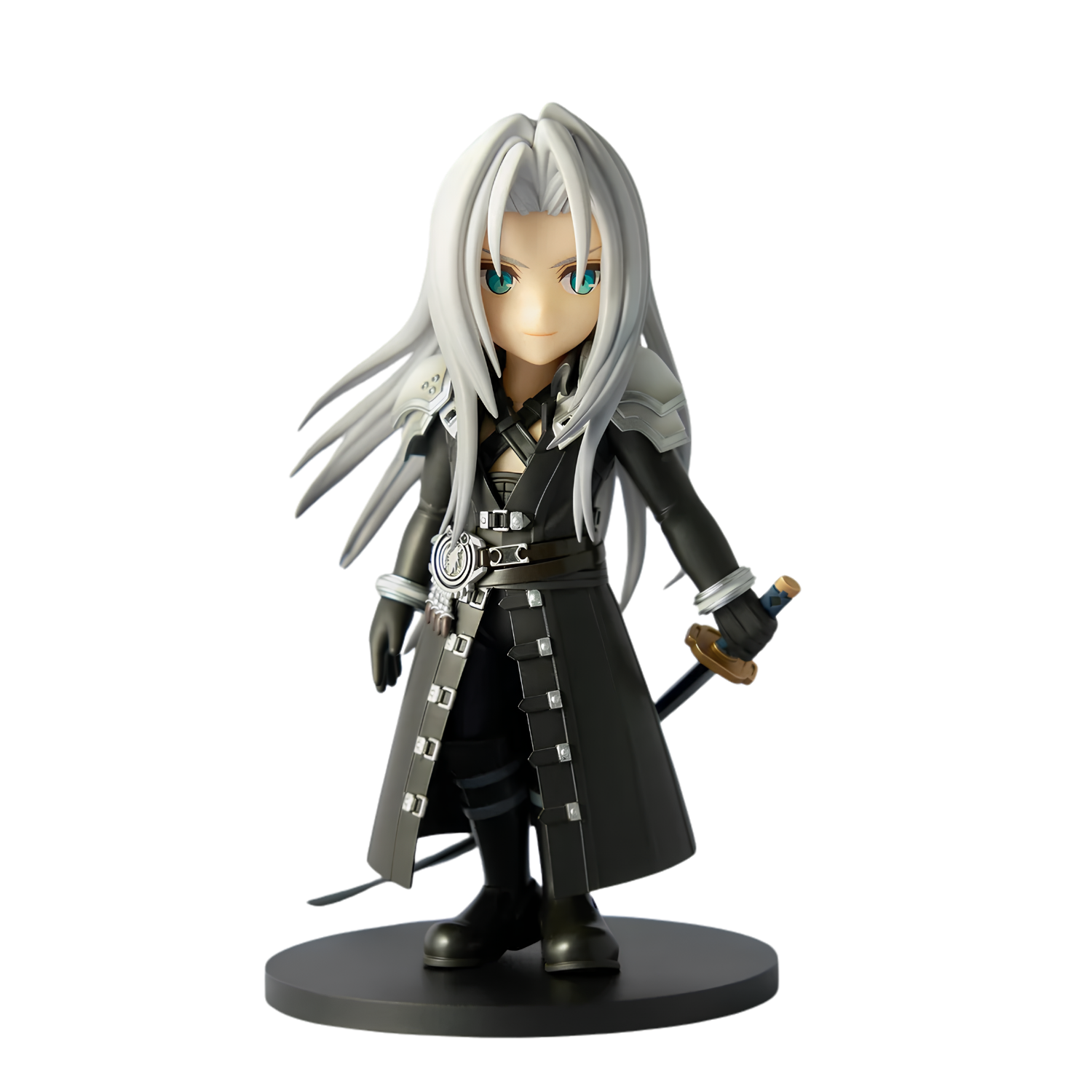 A stylized anime figurine of a character with long silver-white hair, teal eyes, and a black coat with silver buckles, standing on a round black base against a plain white background.