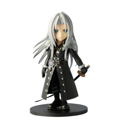 A stylized anime figurine of a character with long silver-white hair, teal eyes, and a black coat with silver buckles, standing on a round black base against a plain white background.