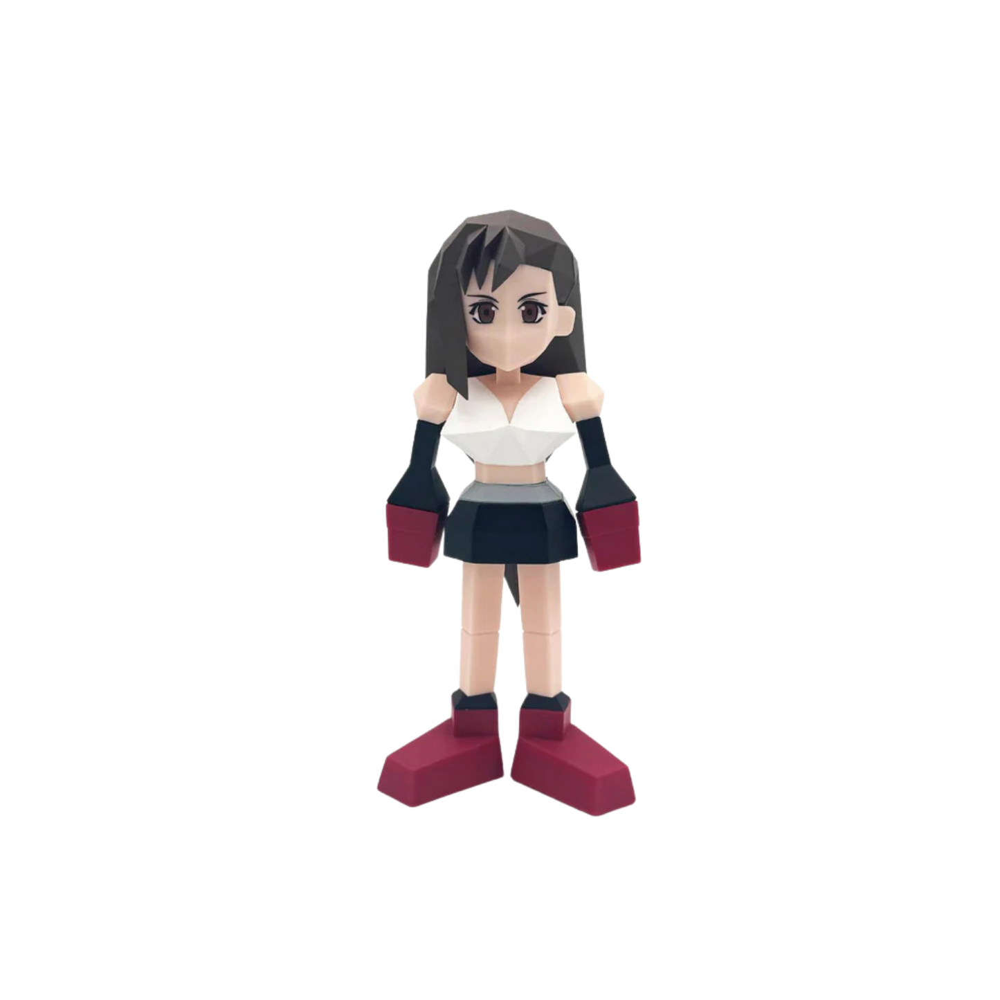 Action figure of a character with black hair, white top, and red shoes on a white background