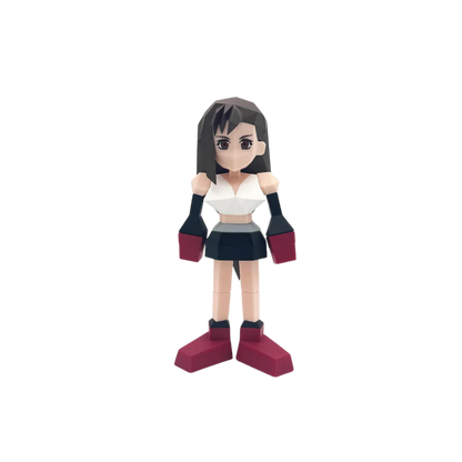 Action figure of a character with black hair, white top, and red shoes on a white background
