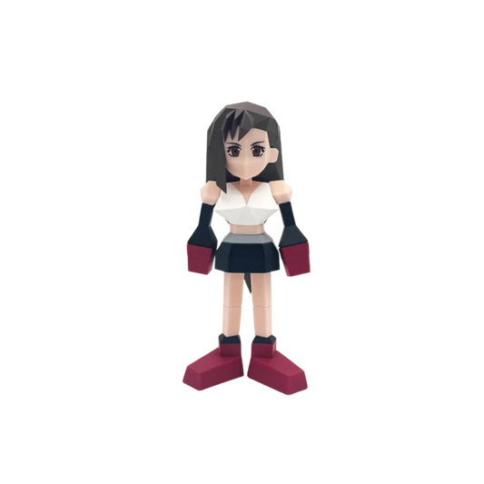 Action figure of a character with black hair, white top, and red shoes on a white background