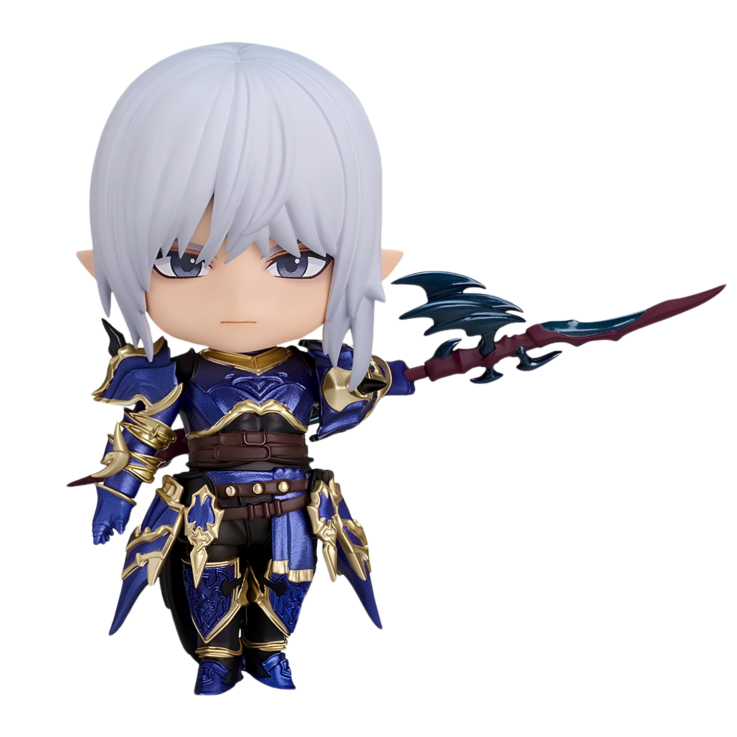 A chibi-style fantasy warrior figurine with long white hair, pointed ears, and blue-purple armor with gold accents, holding a large dark sword against a plain white background.