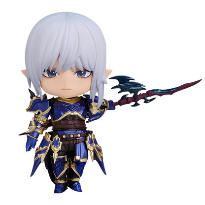 A chibi-style fantasy warrior figurine with long white hair, pointed ears, and blue-purple armor with gold accents, holding a large dark sword against a plain white background.