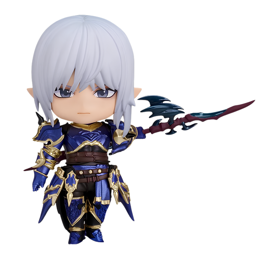 A chibi-style fantasy warrior figurine with long white hair, pointed ears, and blue-purple armor with gold accents, holding a large dark sword against a plain white background.