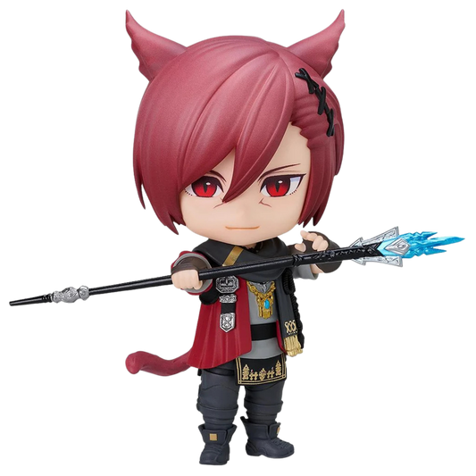 A chibi-style collectible figurine of a red-haired fantasy character with cat ears, holding a long black spear with a glowing blue tip. The figure wears a black and red outfit with gold details, set against a plain white background.