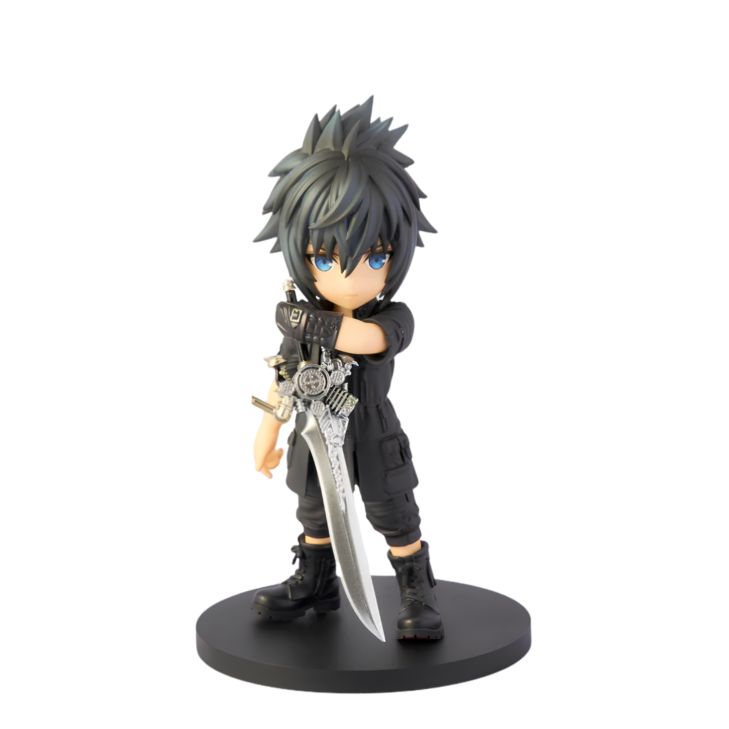 A chibi-style collectible figurine of a dark-haired character in a black outfit holding a large silver sword, standing on a round black base against a plain white background.