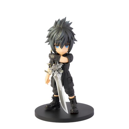 A chibi-style collectible figurine of a dark-haired character in a black outfit holding a large silver sword, standing on a round black base against a plain white background.