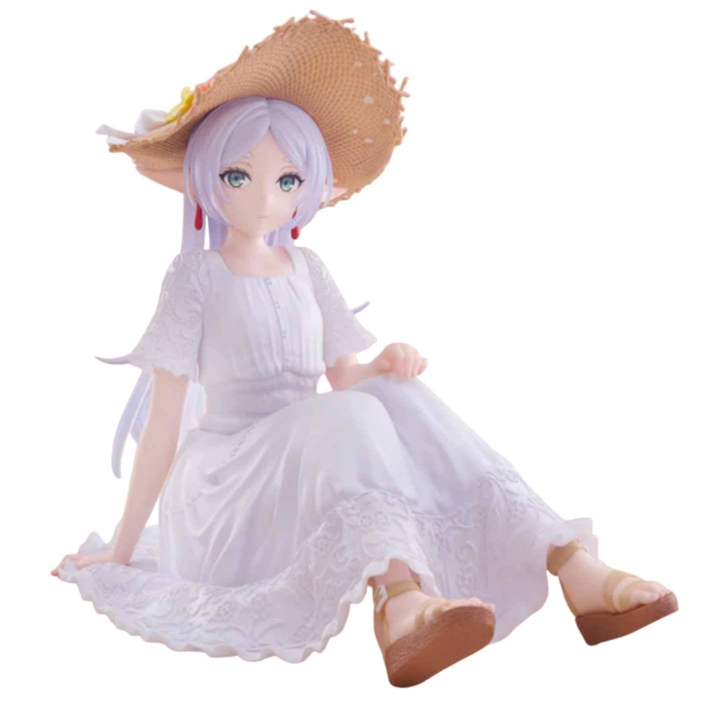 Anime character figurine in a white dress and straw hat on a white background