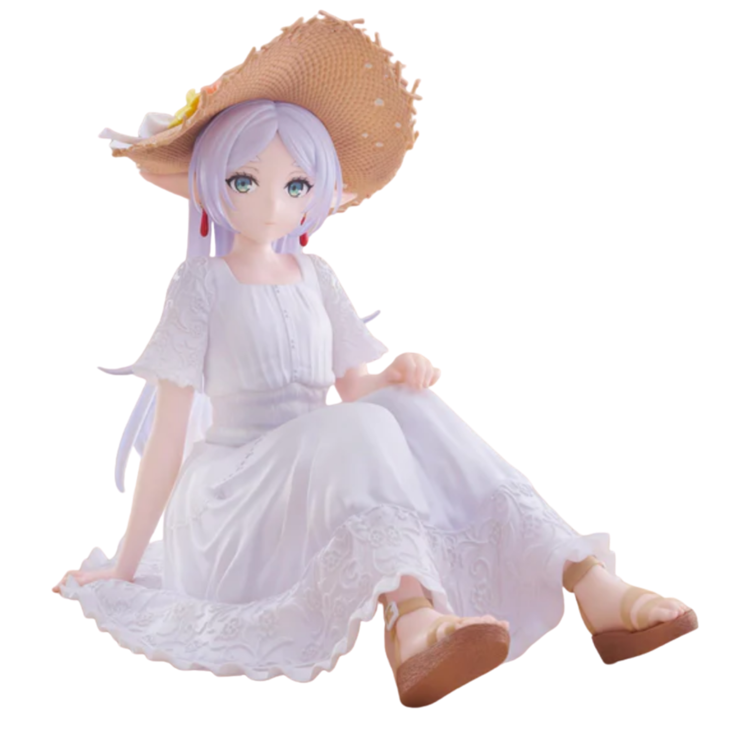 Anime character figurine in a white dress and straw hat on a white background