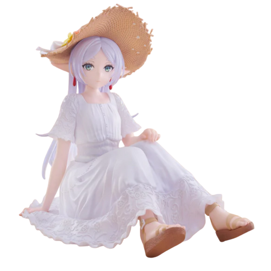 Anime character figurine in a white dress and straw hat on a white background