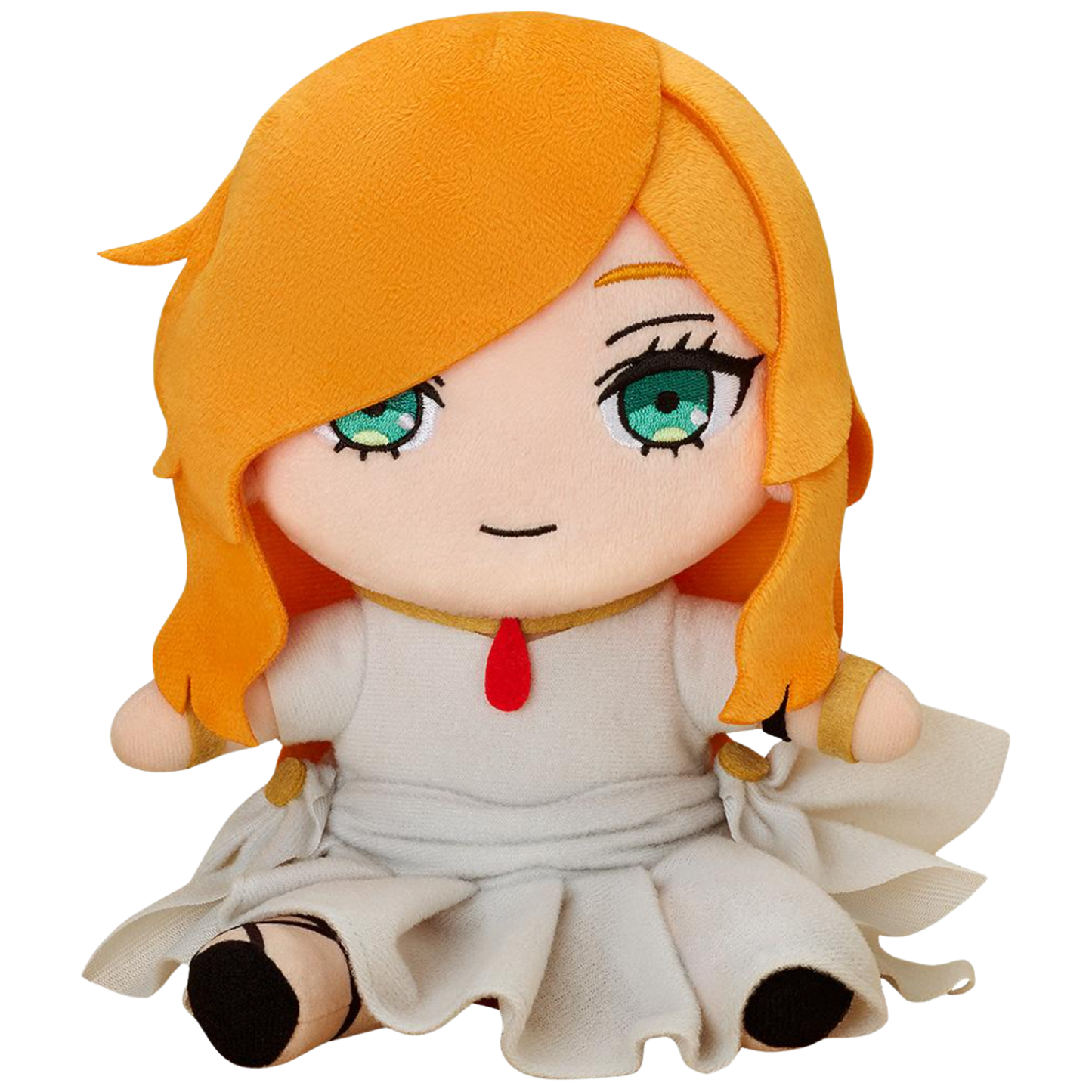 Plush toy with orange hair and green eyes wearing a white dress on a white background