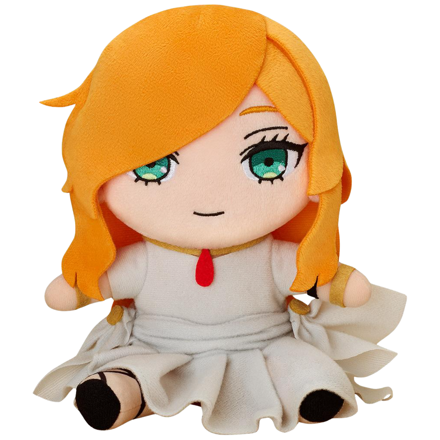 Plush toy with orange hair and green eyes wearing a white dress on a white background
