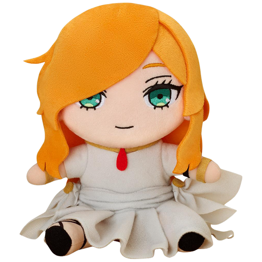 Plush toy with orange hair and green eyes wearing a white dress on a white background