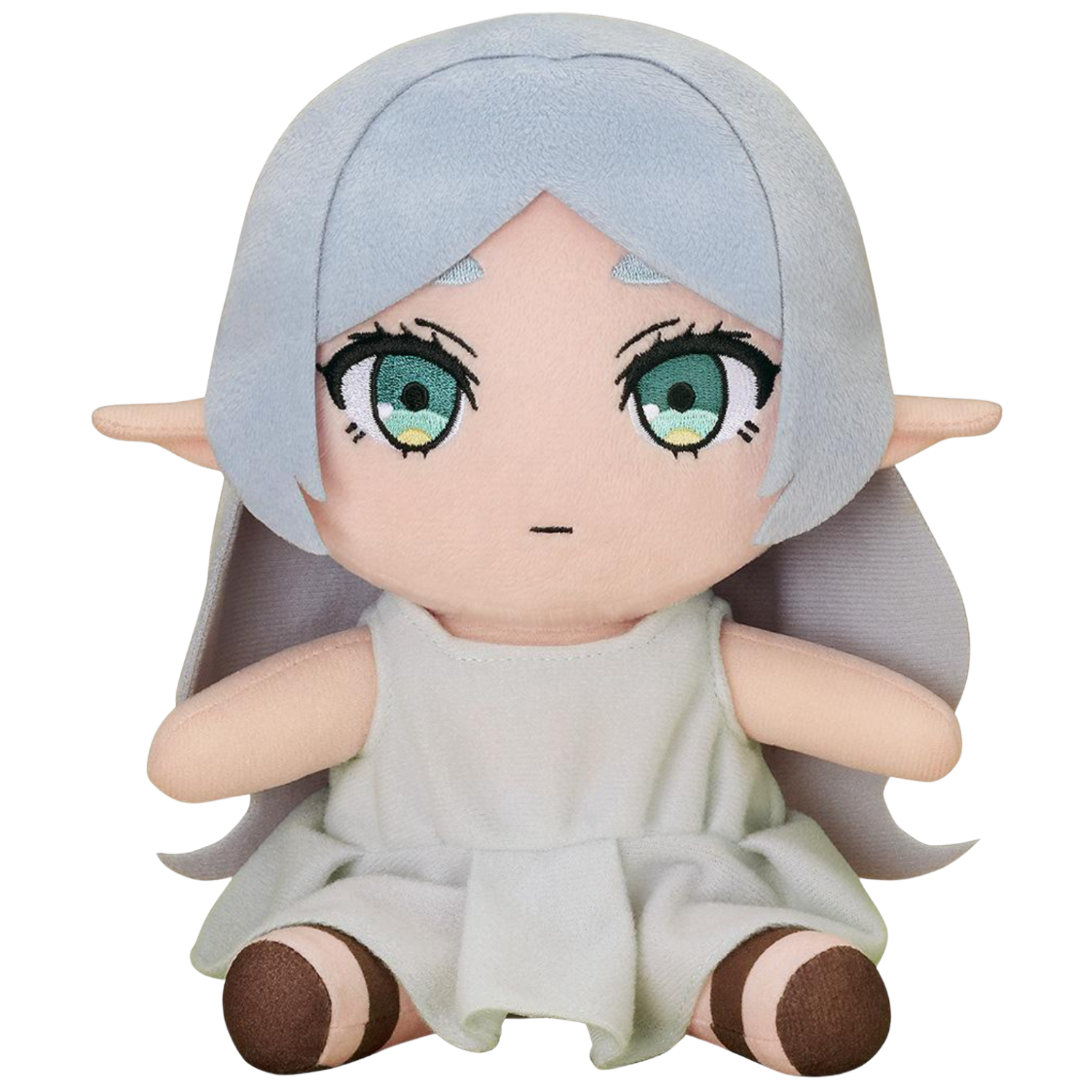 Plush toy with blue hair and green eyes on a white background