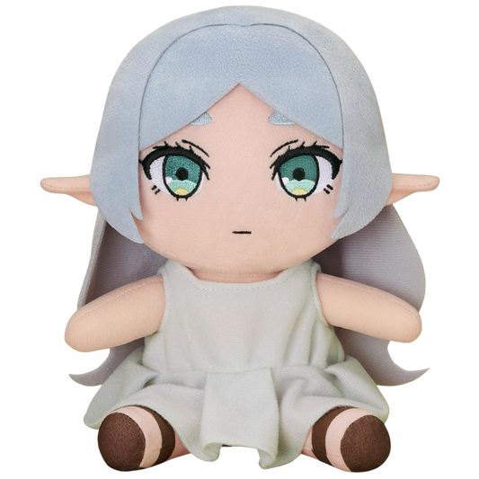 Plush toy with blue hair and green eyes on a white background
