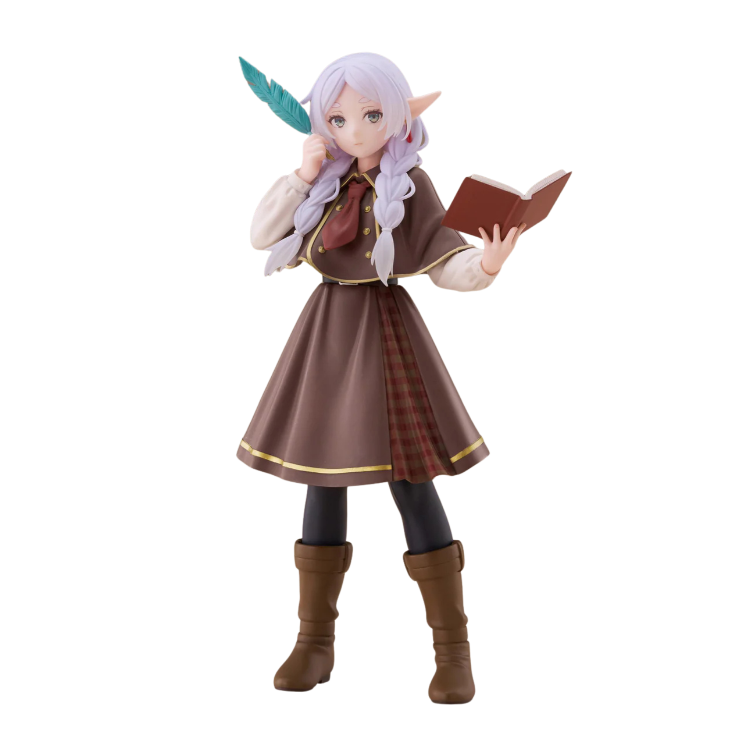 Figurine of a character in fantasy attire holding a book and feather on a white background