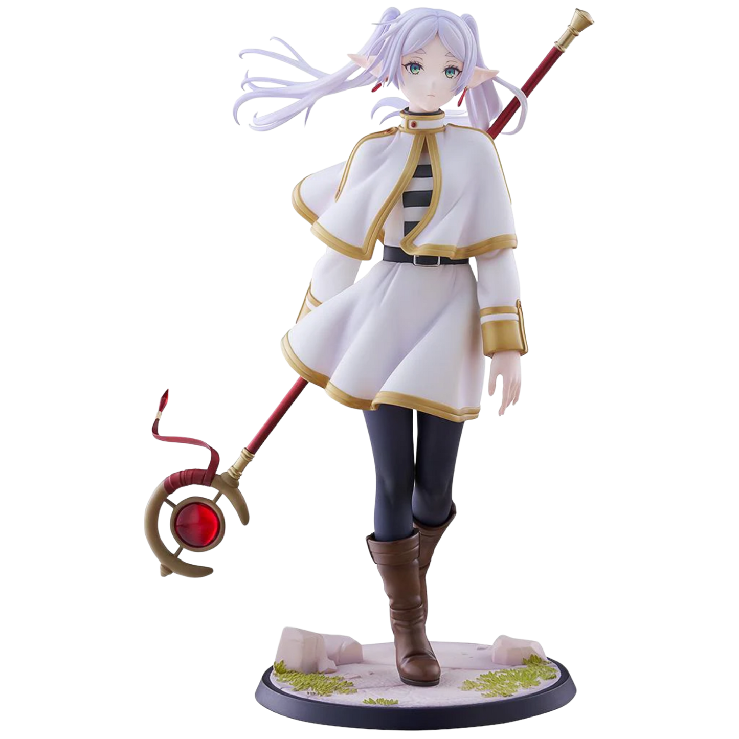 Anime character figurine with a staff on a white background