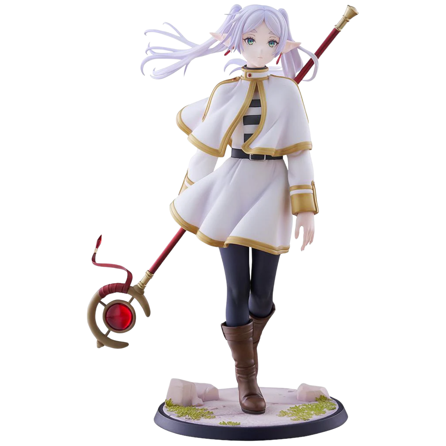 Anime character figurine with a staff on a white background