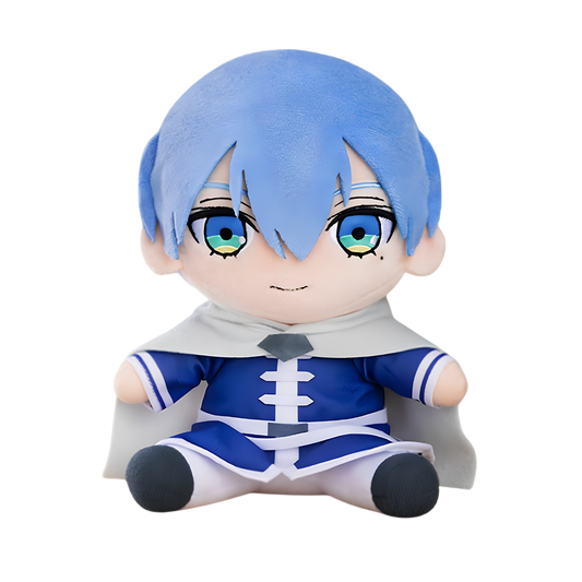 An anime plush toy of a character with short blue hair, large blue eyes, and a blue and white outfit with a gray cape, shown against a plain white background.