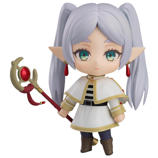 Animated character with white hair and green eyes holding a staff on a white background
