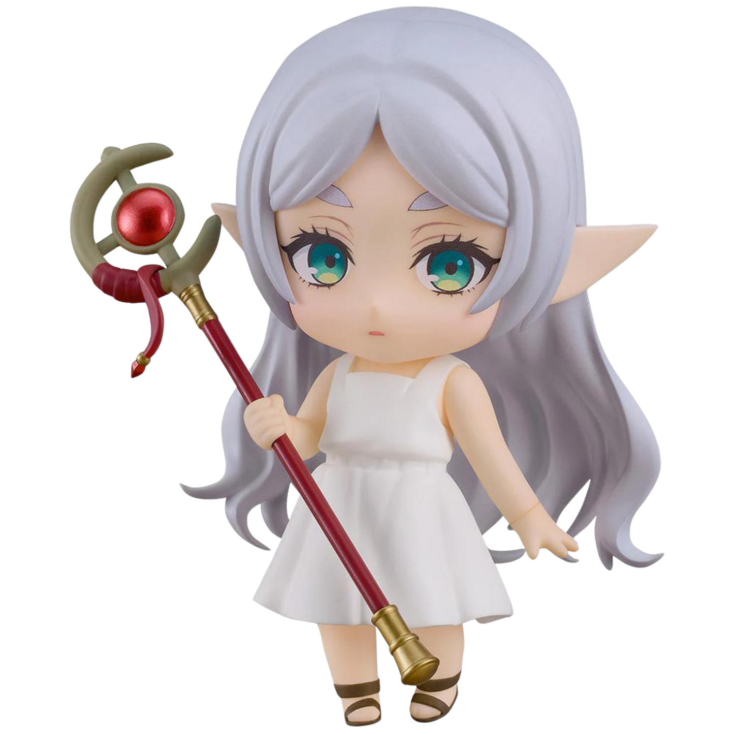 Animated character with white hair and green eyes holding a staff on a white background