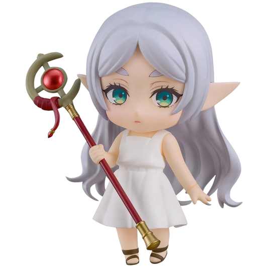 Animated character with white hair and green eyes holding a staff on a white background