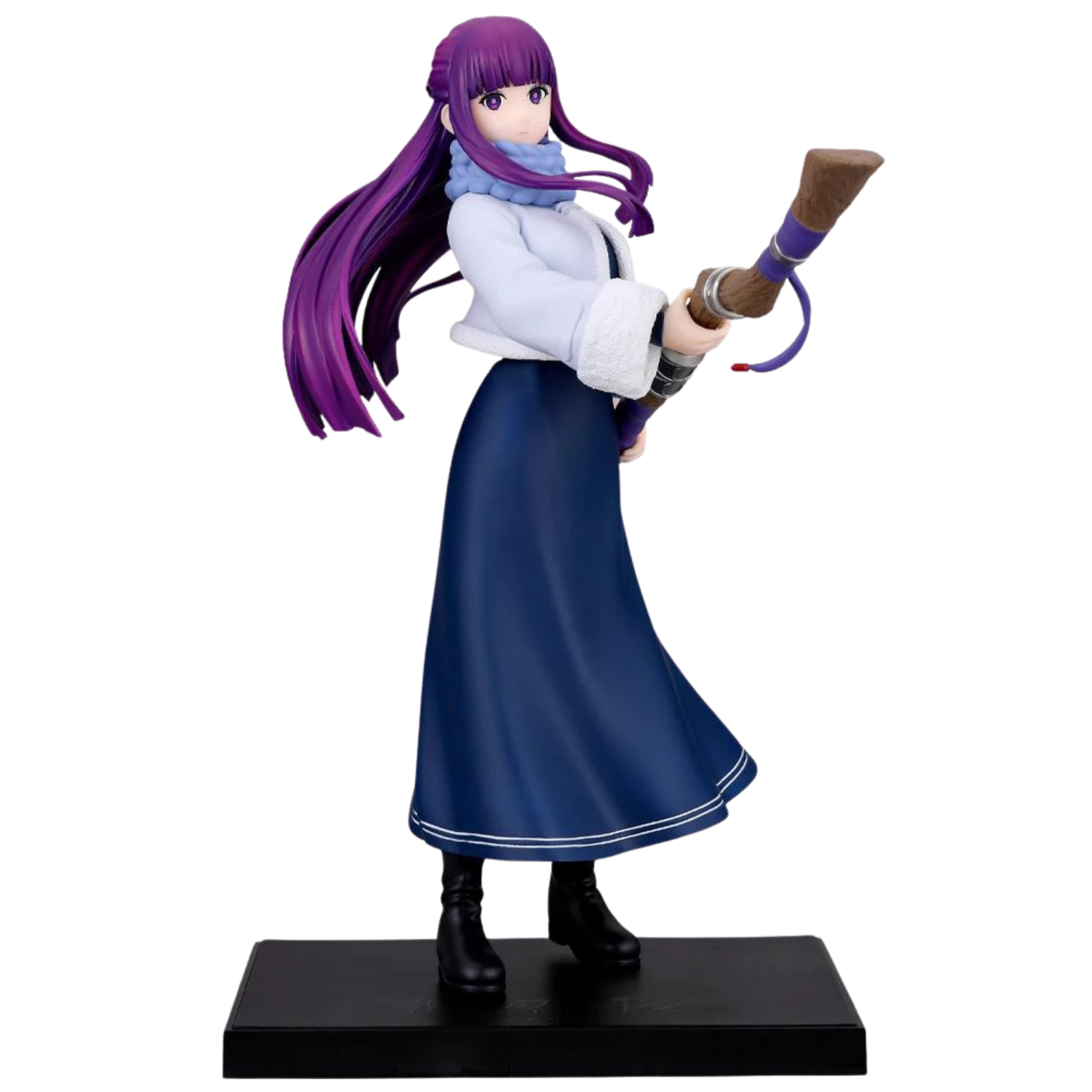 Anime character figurine with purple hair and a blue dress on a white background
