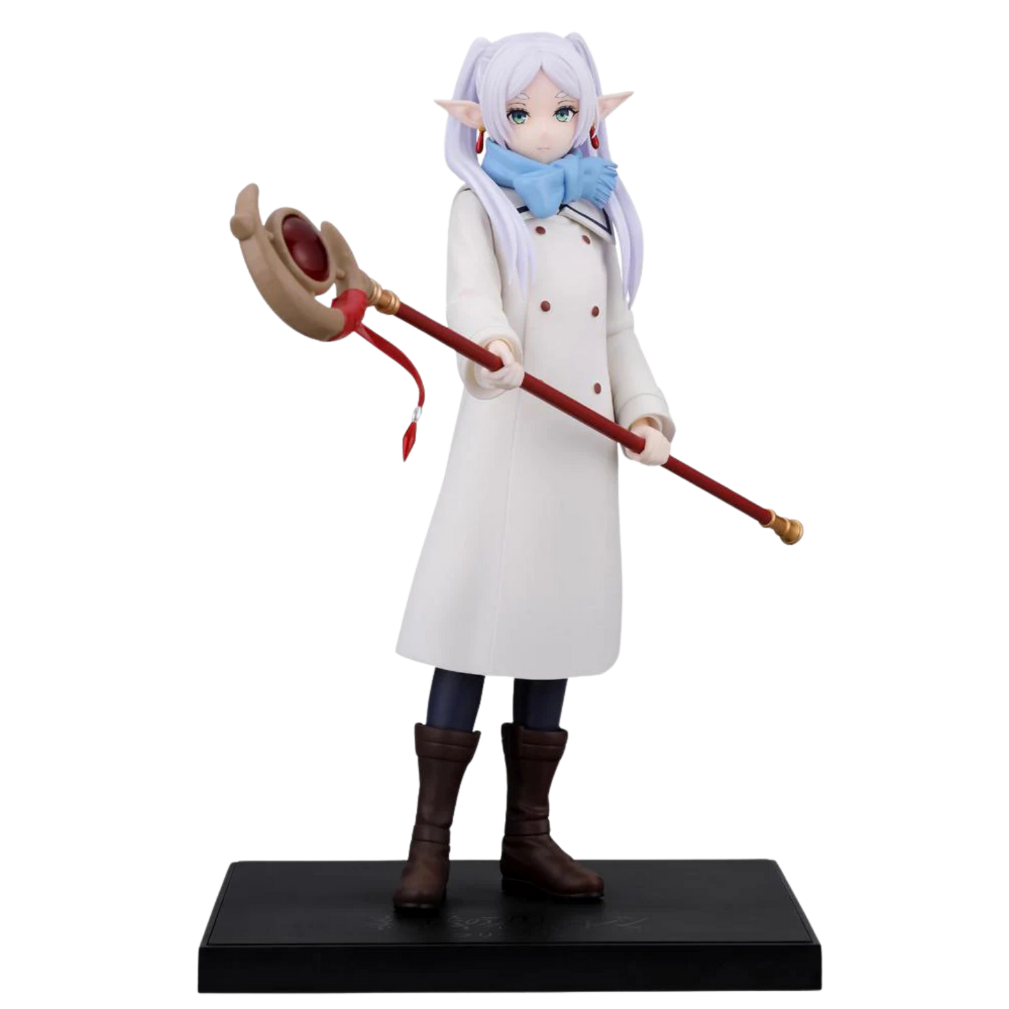 Anime character figurine holding a staff on a white background