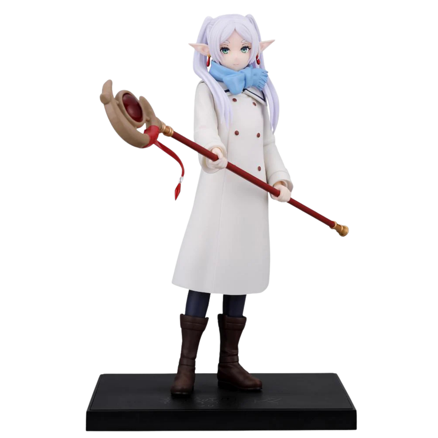 Anime character figurine holding a staff on a white background