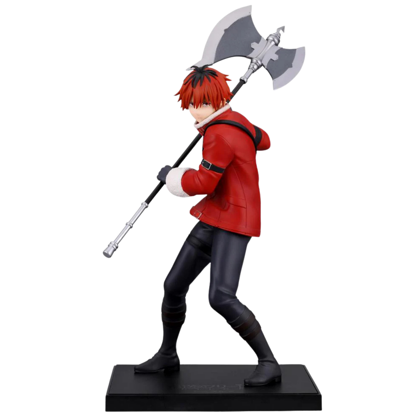 Figure of a character in a red jacket holding a weapon on a white background