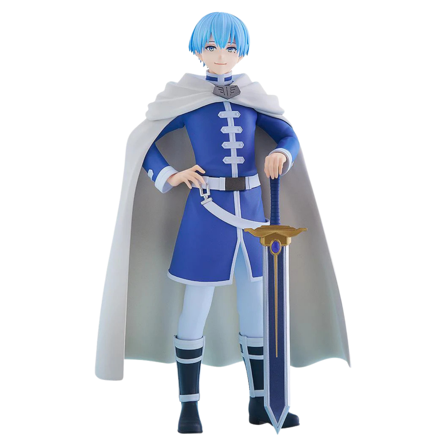 Action figure in blue and white costume with cape holding a sword on a white background
