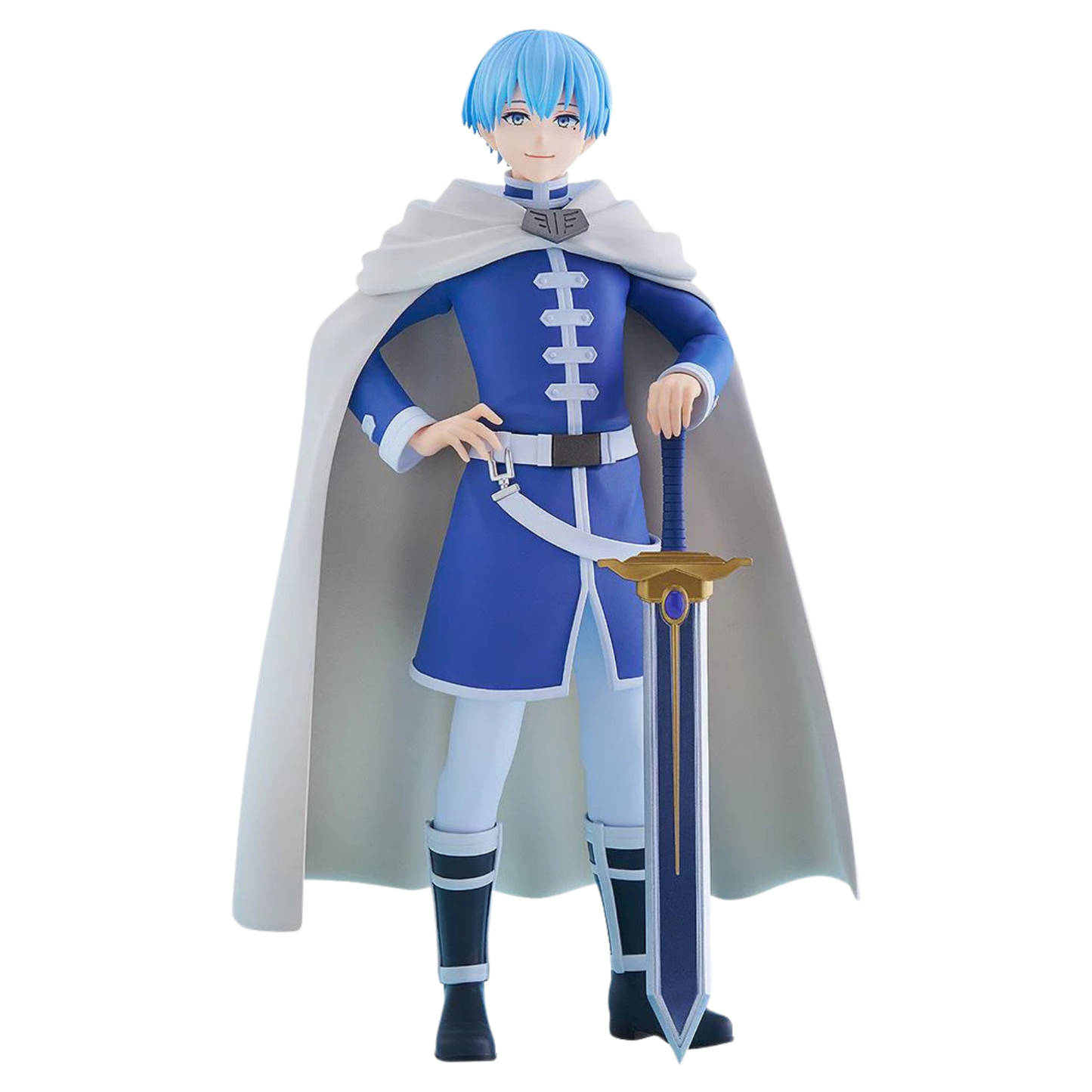 Action figure in blue and white costume with cape holding a sword on a white background