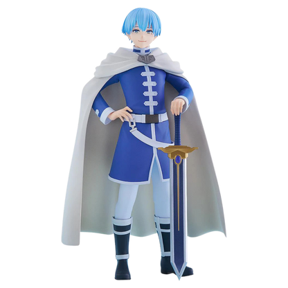 Action figure in blue and white costume with cape holding a sword on a white background