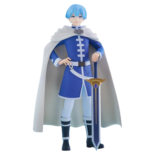 Action figure in blue and white costume with cape holding a sword on a white background