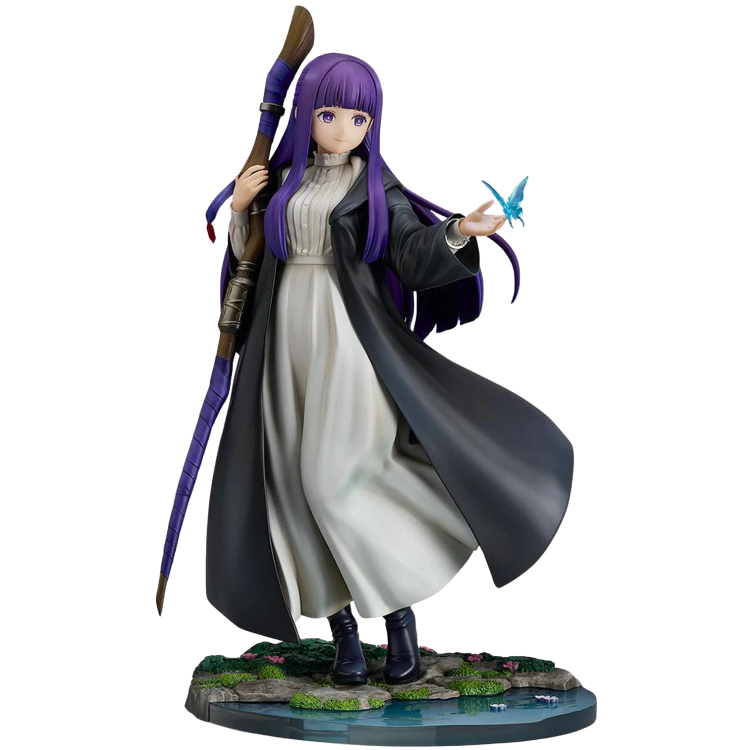 Figurine of a character with long purple hair and a long coat holding a spear and a sword on a white background