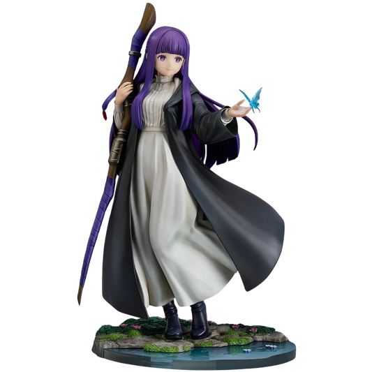 Figurine of a character with long purple hair and a long coat holding a spear and a sword on a white background