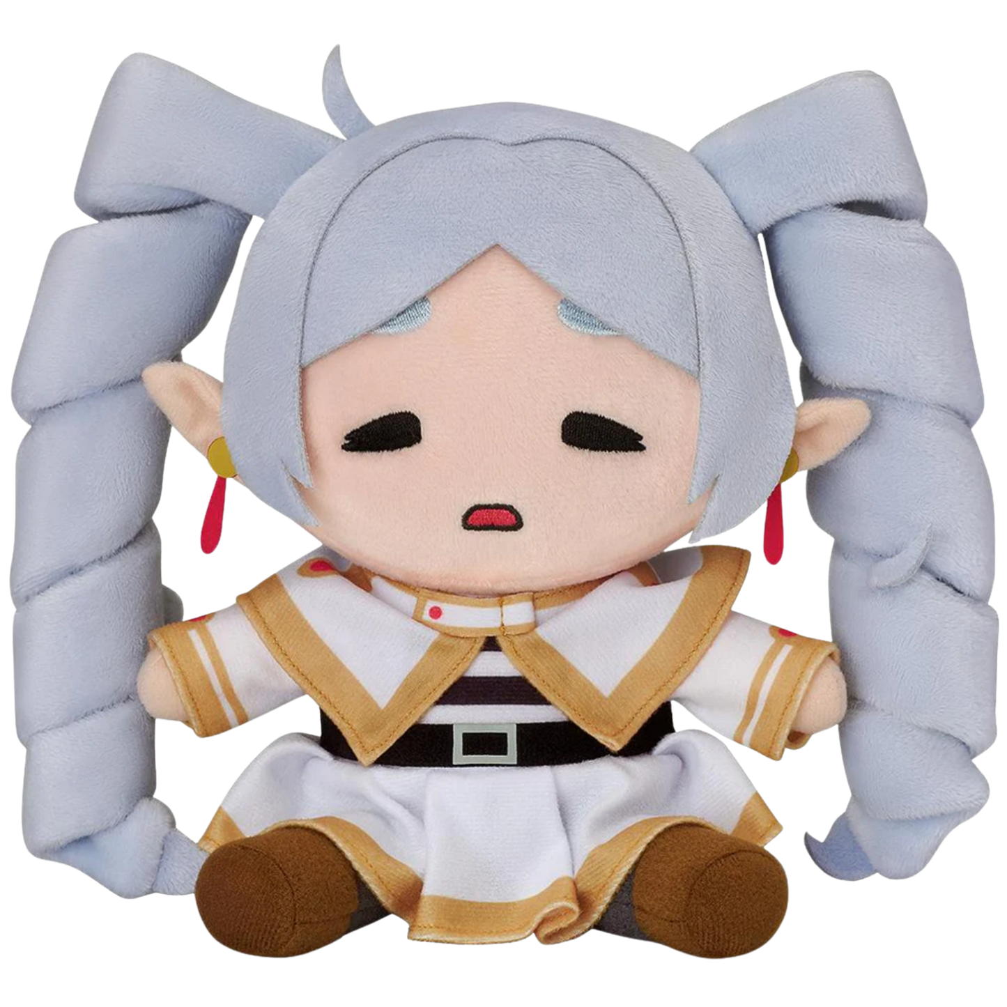 Plush toy of an animated character with white hair and a white outfit on a white background