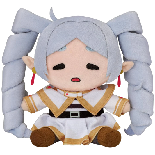 Plush toy of an animated character with white hair and a white outfit on a white background