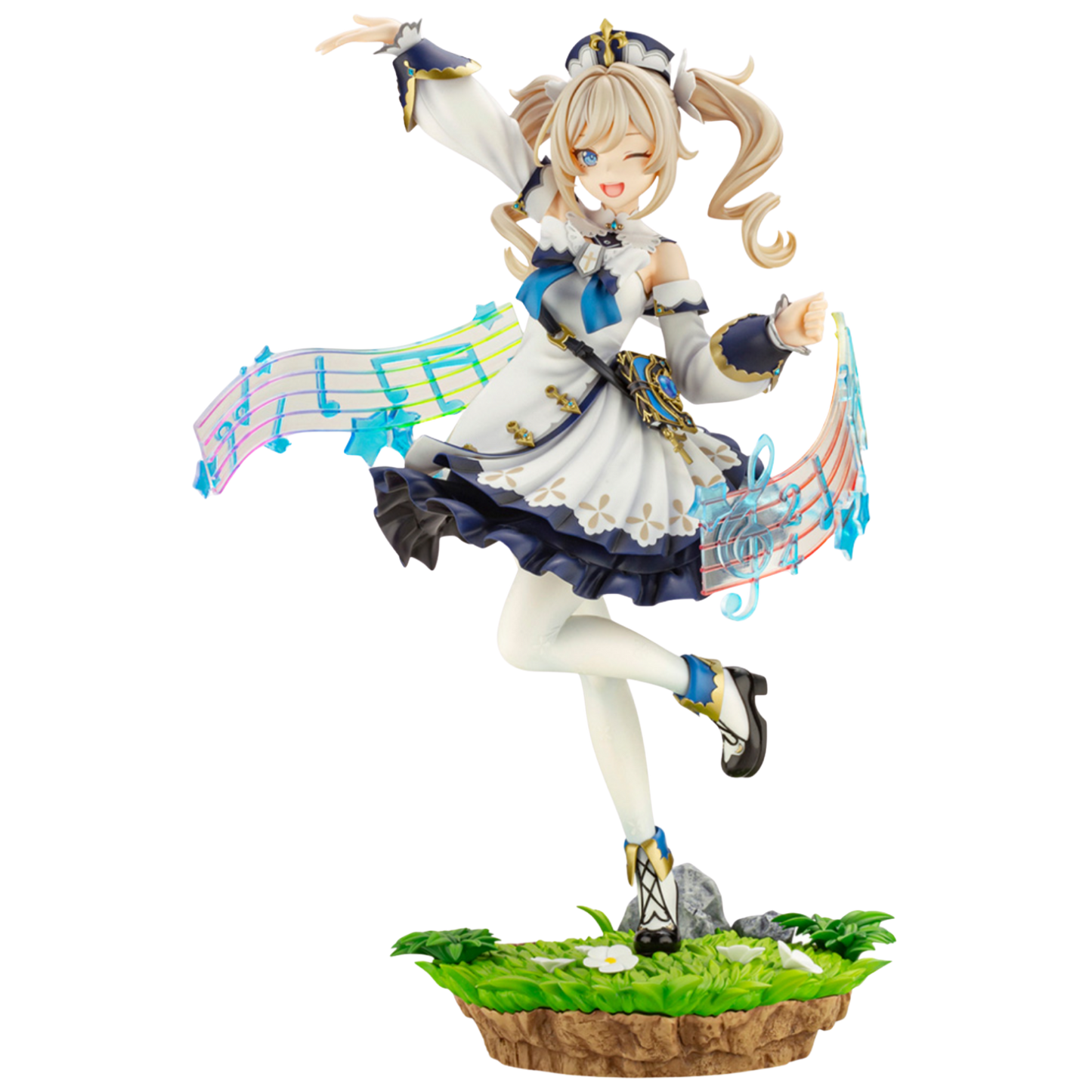 Animated character figurine in a dynamic pose with musical elements on a white background