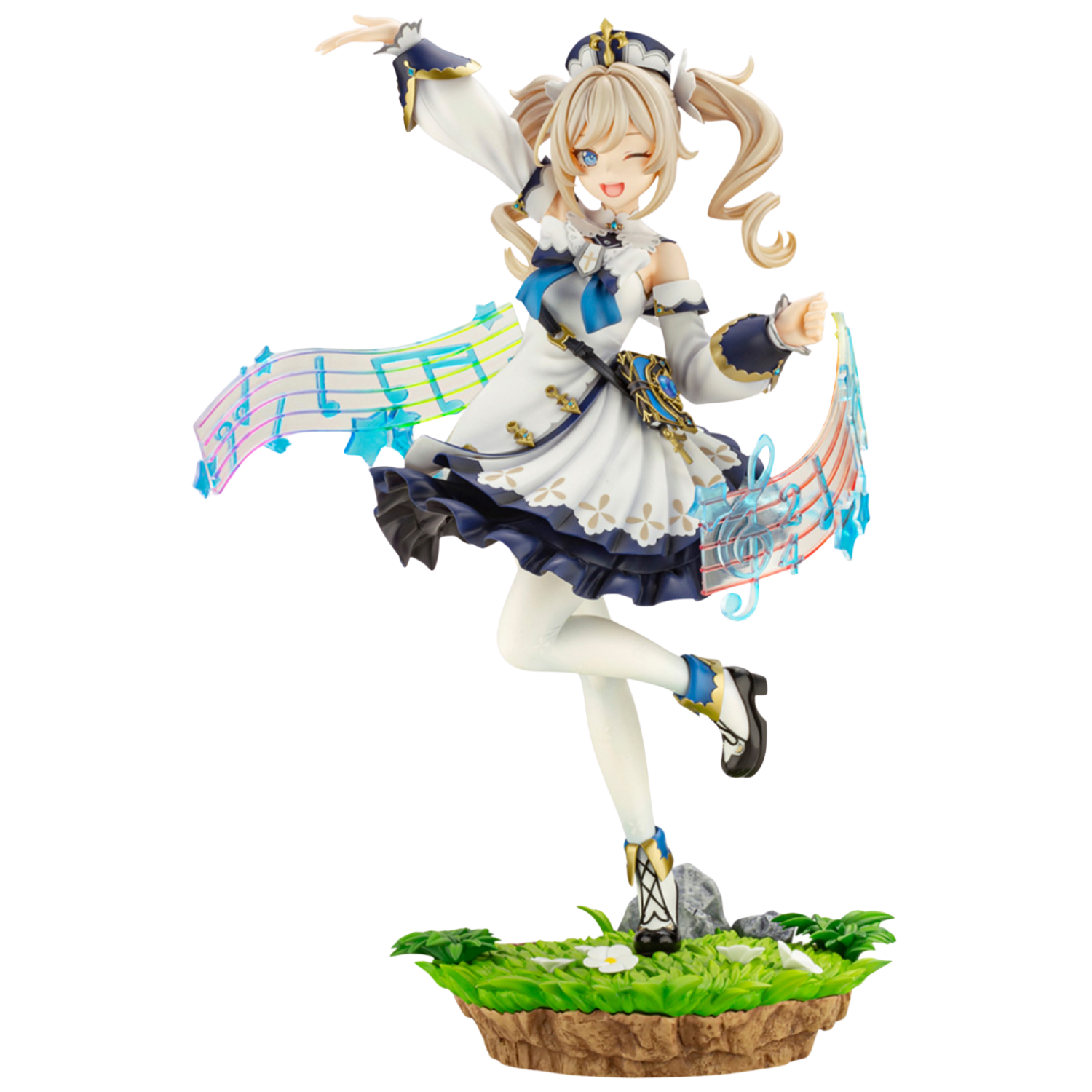 Animated character figurine in a dynamic pose with musical elements on a white background