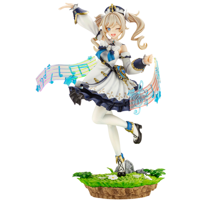 Animated character figurine in a dynamic pose with musical elements on a white background