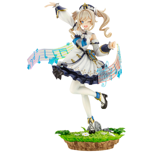 Animated character figurine in a dynamic pose with musical elements on a white background