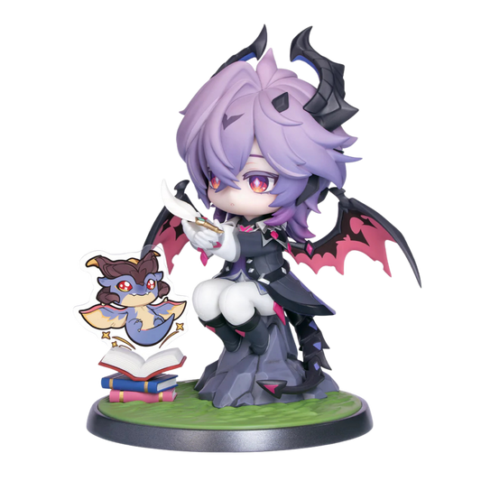Anime character figurine with purple hair and black wings on a white background