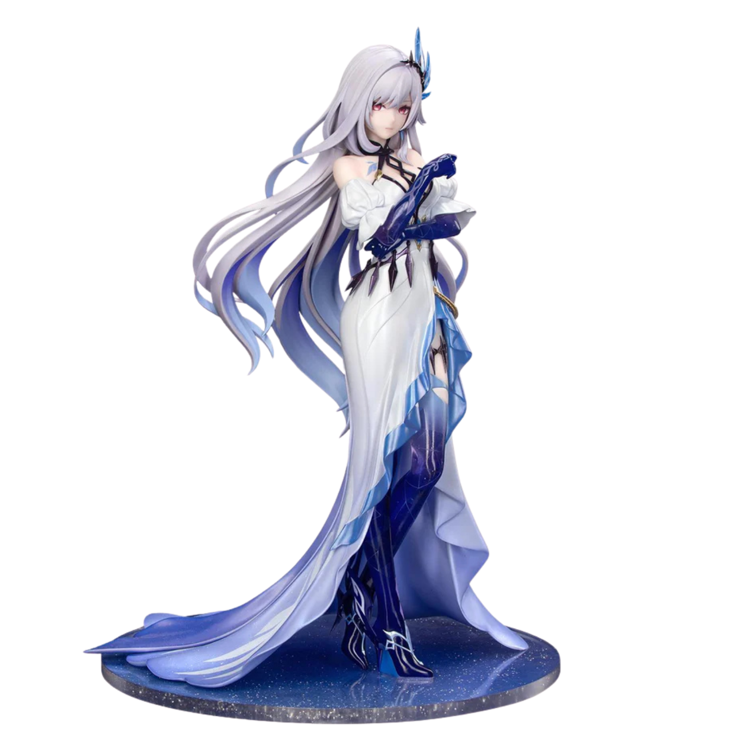 Figurine of a character with long white hair and blue accents on a white background