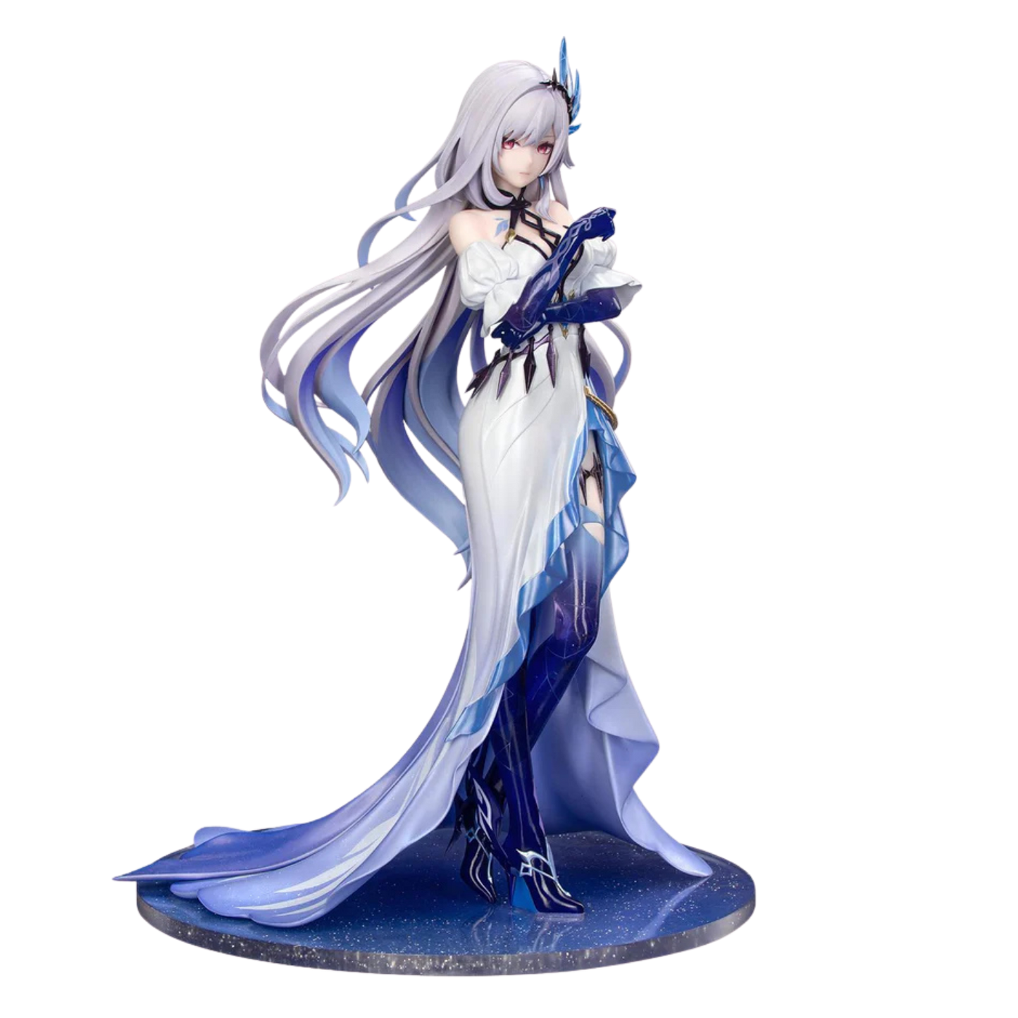 Figurine of a character with long white hair and blue accents on a white background