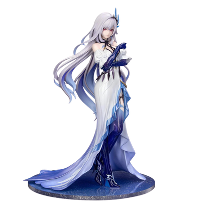 Figurine of a character with long white hair and blue accents on a white background