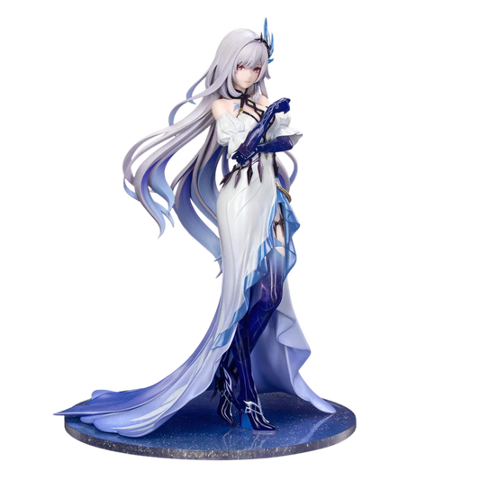 Figurine of a character with long white hair and blue accents on a white background