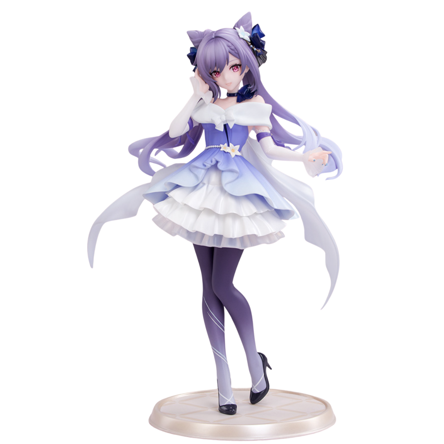Anime character figurine with purple hair and a white and blue dress on a white background